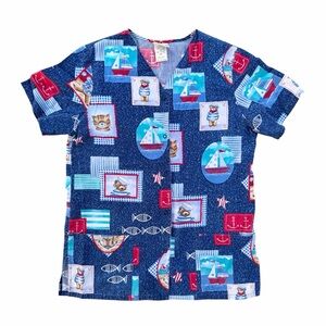 Blue Nautical Bears & Cats Snap Front Scrub Top Medical Uniform Women’s Small